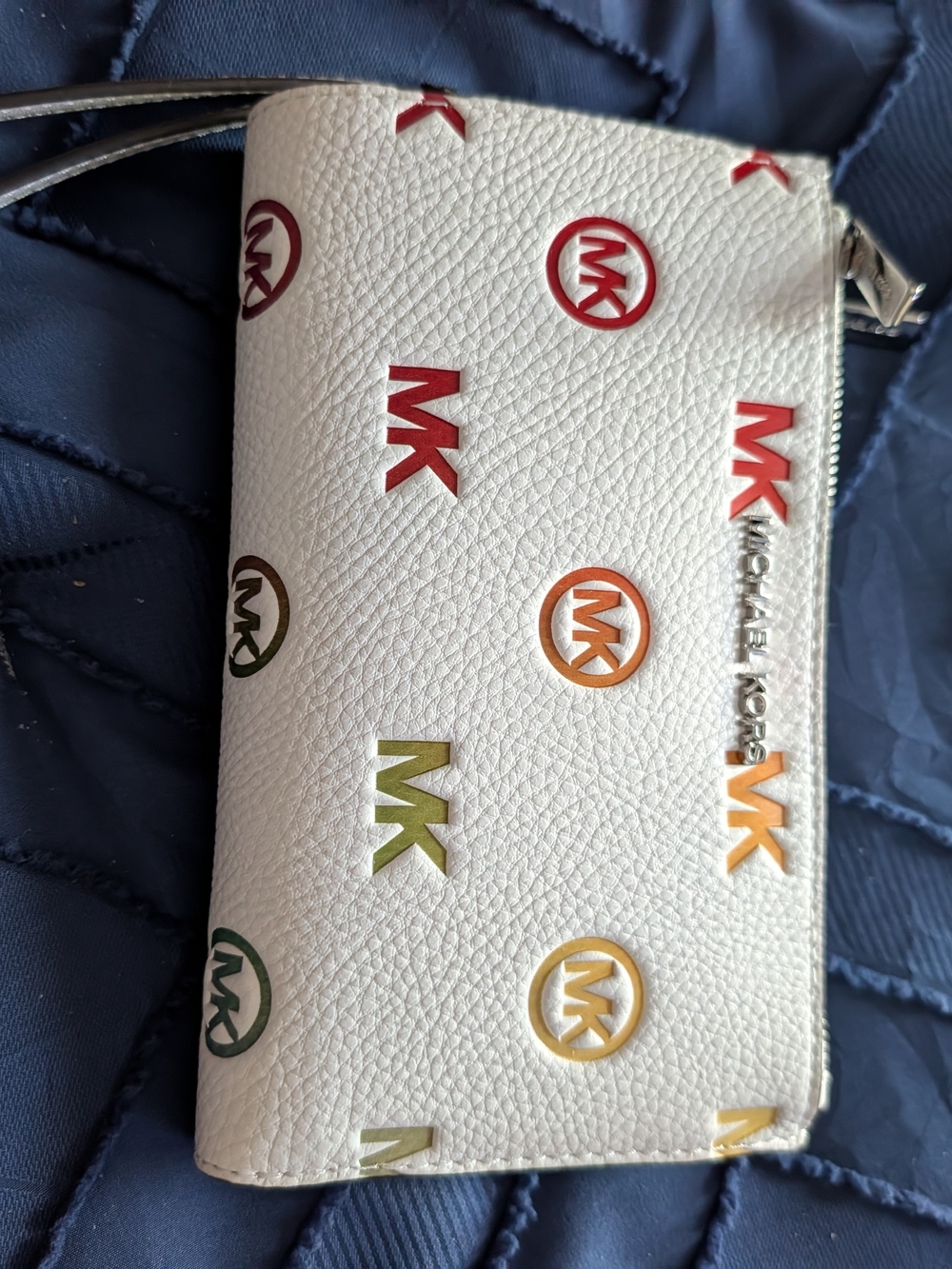 Michael Kors White Pebbled Leather Multicolor MK Logo Zip Wristlet